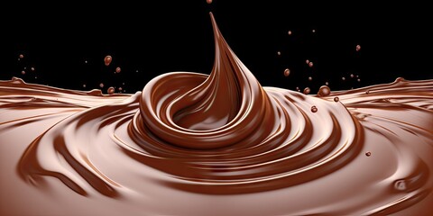 Decadent chocolate elegance. Swirl of dark liquid splashing in creamy wave. Irresistible delight. Flowing brown cocoa in delicious dessert background - obrazy, fototapety, plakaty