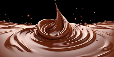 Türaufkleber Decadent chocolate elegance. Swirl of dark liquid splashing in creamy wave. Irresistible delight. Flowing brown cocoa in delicious dessert background © Thares2020
