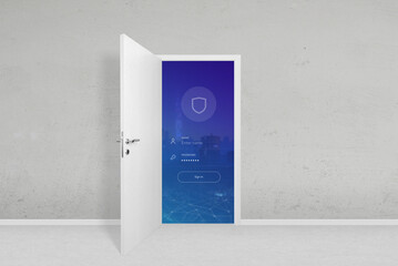 White door, symbolizing secure access with login form, username and password. Concept of online...