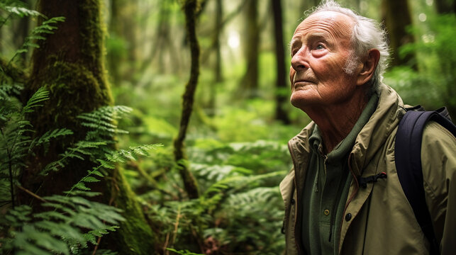 An older gentleman enjoys a lush forest During a Serene Forest Hike, Connecting with the Natural World's Peaceful Essence