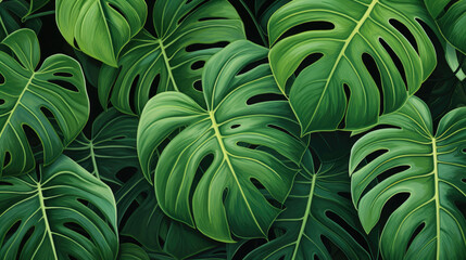 Monstera Leaf Pattern Beautiful Tropical Plant, Closeup nature view of green leaf and nature background. Flat lay, Dark nature Concept.