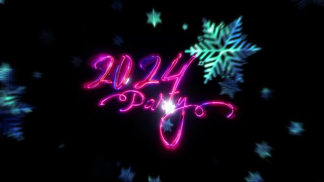 2024 Happy new year party glow pink text with falling glow blue neon snowflakes and flare light burst cinematic title background. Happy New Year 2024 shining text on pastel winter light.festive backgr