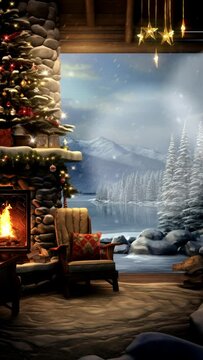 christmas tree and fireplace in outdoor, loop video background animation, cartoon anime style, for vtuber / streamer backdrop