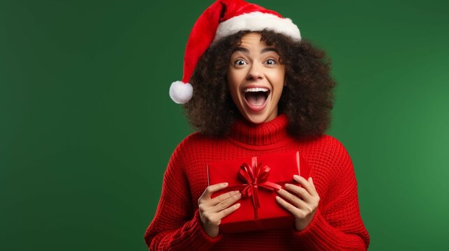 Excited Girl in Santa Claus Xmas Hat, Open Mouthed Delight, Grasping a Gift in Anticipation, Isolated on a Lush Green Studio Background, Capturing Spirited Christmas Theme Joyous Essence 