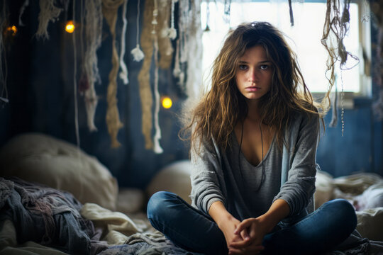 Distressed teenage girl sitting alone in room.