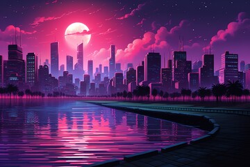 a city with a pink moon