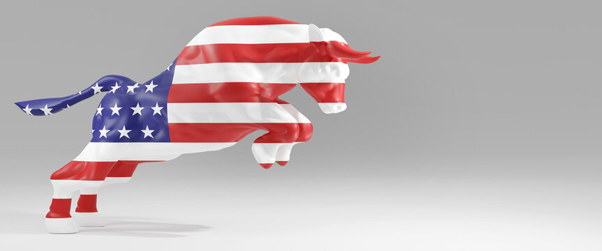 Horizontal banner of a bull with United States flag on plain empty grey background. Presentation background image with copy space represents US bull stock market. 3d rendering