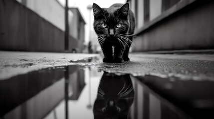 a black cat walking on a puddle - obrazy, fototapety, plakaty