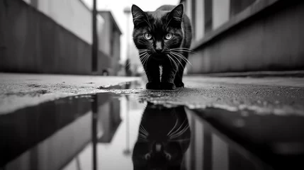 Tuinposter a black cat walking on a puddle © Gheorghe