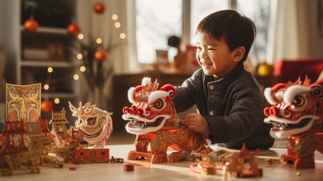  Asian boy hugging a toy dragon, a symbol of the new year, Chinese traditional calendar, a child holding a cute dinosaur, childhood, a gift