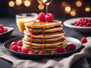 Pancakes tasty breakfast with fresh berries blueberries and honey Ai generativ
