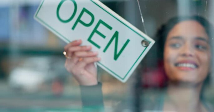 Door open sign, smile and restaurant woman, startup business owner or storefront boss start service day. Glass window billboard, happy hospitality employee and barista change morning poster of diner