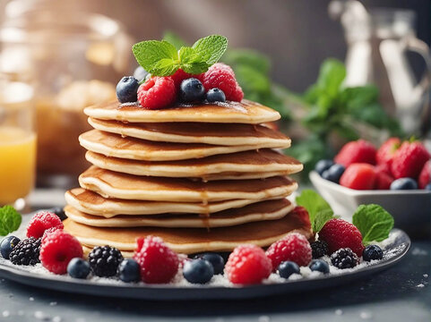 Pancakes tasty breakfast with fresh berries blueberries and honey Ai generativ