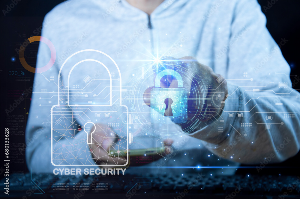 Poster cybersecurity concept, user privacy security and encryption, secure internet access future technolog