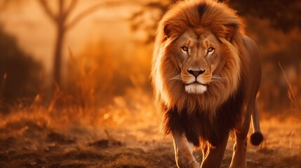 photo of a lion in the wild - obrazy, fototapety, plakaty