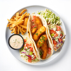 Plate with fish tacos, french fries and salad on a white background. AI Generative