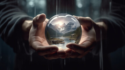 Fototapeta premium A hand gracefully holding a crystal ball, within which are swirling elements representing commitment, balance, participating, setting boundaries, and sustainability created with Generative Ai