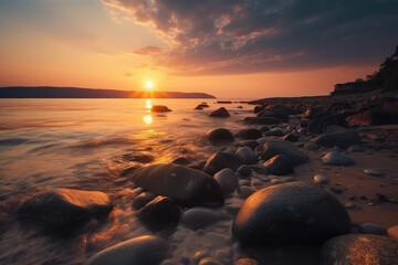 Fototapeta na wymiar Very nice sunset on a beach with many rocks