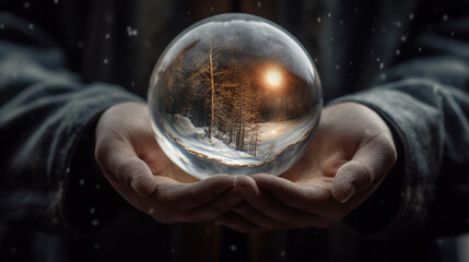 A hand gracefully holding a crystal ball, within which are swirling elements representing commitment, balance, participating, setting boundaries, and sustainability created with Generative Ai
