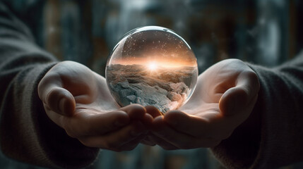 Fototapeta premium A hand gracefully holding a crystal ball, within which are swirling elements representing commitment, balance, participating, setting boundaries, and sustainability created with Generative Ai