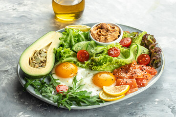 Ketogenic diet breakfast vegetables salad, avocado, fish, eggs, nuts with bulletproof keto coffee. top view