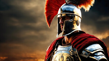 portrait of young roman legionary commander warrior. spartan hero soldier in golden armor, red cloak and helmet,on burning battlefield background. steel armor. Generative ai - obrazy, fototapety, plakaty