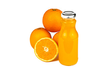 A bottle full of orange juice with a group of orange