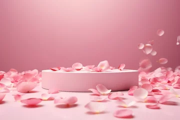 Deurstickers Pink product podium placement on solid background with rose petals falling. Luxury premium beauty, fashion, cosmetic and spa gift stand presentation. Valentine day present showcase. generative ai. © SEUNGJIN