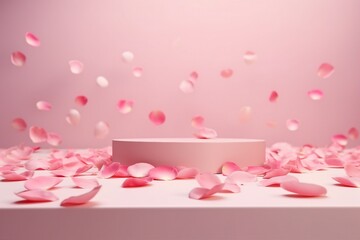 Pink product podium placement on solid background with rose petals falling. Luxury premium beauty, fashion, cosmetic and spa gift stand presentation. Valentine day present showcase. generative ai. - obrazy, fototapety, plakaty