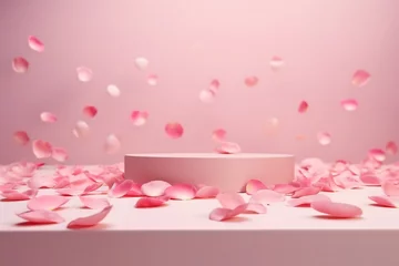 Fotobehang Pink product podium placement on solid background with rose petals falling. Luxury premium beauty, fashion, cosmetic and spa gift stand presentation. Valentine day present showcase. generative ai. © SEUNGJIN