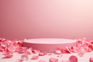 Fototapeten Pink product podium placement on solid background with rose petals falling. Luxury premium beauty, fashion, cosmetic and spa gift stand presentation. Valentine day present showcase. generative ai. © SEUNGJIN