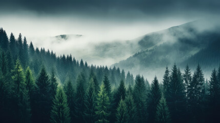 Cool toned misty valley overgrown with pine trees - obrazy, fototapety, plakaty