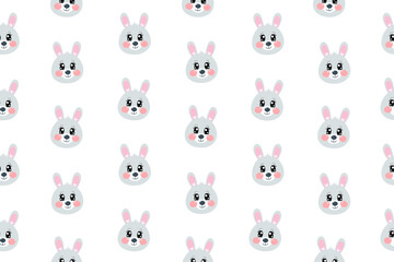 Seamless pattern with cartoon kawaii cute happy sweet face, head of grey bunny, rabbit face for children isolated on white background. Vector cartoon illustration for baby, kids