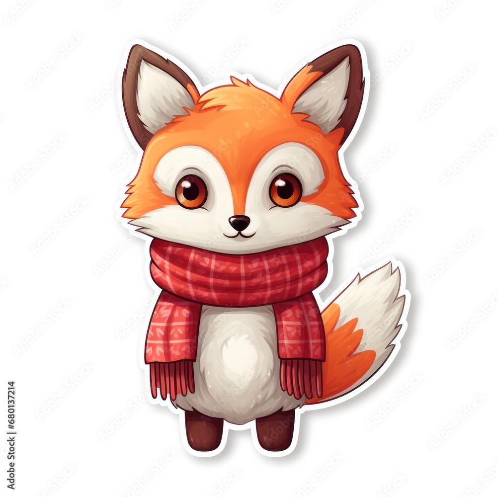 Sticker Cute Cartoon Christmas Fox with a Red Scarf  Illustration Sticker Isolated on a White Background