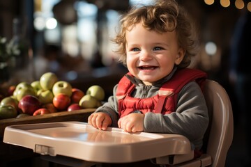 Fototapeta na wymiar child with apples sitting in highchairs for eating