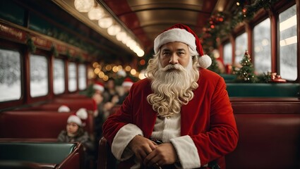 Santa Claus joyfully rides the Christmas train