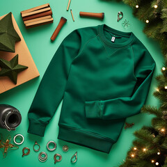 Design featuring a solid-color green sweater with no image or text created with Generative Ai