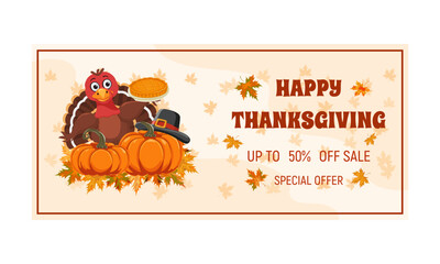 Naklejka premium Thanksgiving Day Sale Promo Poster. Holiday discount banner with turkey bird, pumpkin, pumpkin pie, pilgrim hat. Vector illustration for poster, banner, special offer.