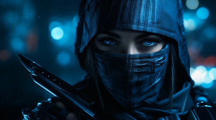  blue samurai ninja, deadly warrior in the shadows, terrifying assassin. - obrazy, fototapety, plakaty