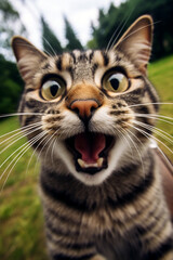 licking cat takes selfie, cute, fun, comic, realistic, low angle created with Generative Ai