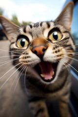 licking cat takes selfie, cute, fun, comic, realistic, low angle created with Generative Ai