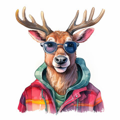 Watercolor Reindeer With Sunglasses and Plaid Shirt