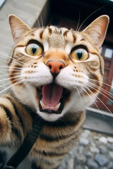 licking cat takes selfie, cute, fun, comic, realistic, low angle created with Generative Ai
