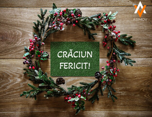 christmas wreath on wooden background