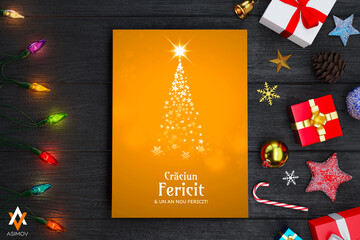 christmas card with christmas tree and gifts