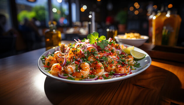 Ceviche, Peruvian cuisine dish made with raw fish cured in fresh citrus juices. Horizontal image 
