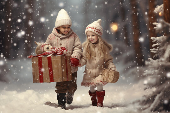 Boy and a girl carrying gifts through a snowy forest realistic photography