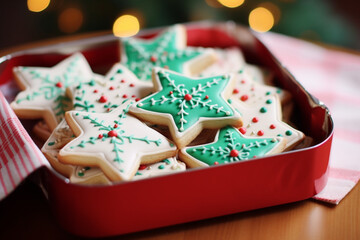Fototapeta na wymiar white and green Christmas stars cookies for Santa