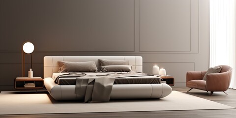Dark grey and brown wood color modern minimalistic deisgn hotel room livingroom bedroom. Inside architecture interior design template. 