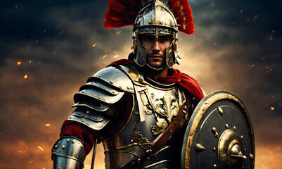 portrait of young roman legionary commander warrior. spartan hero soldier in golden armor, red cloak and helmet,on burning battlefield background. steel armor. Generative ai